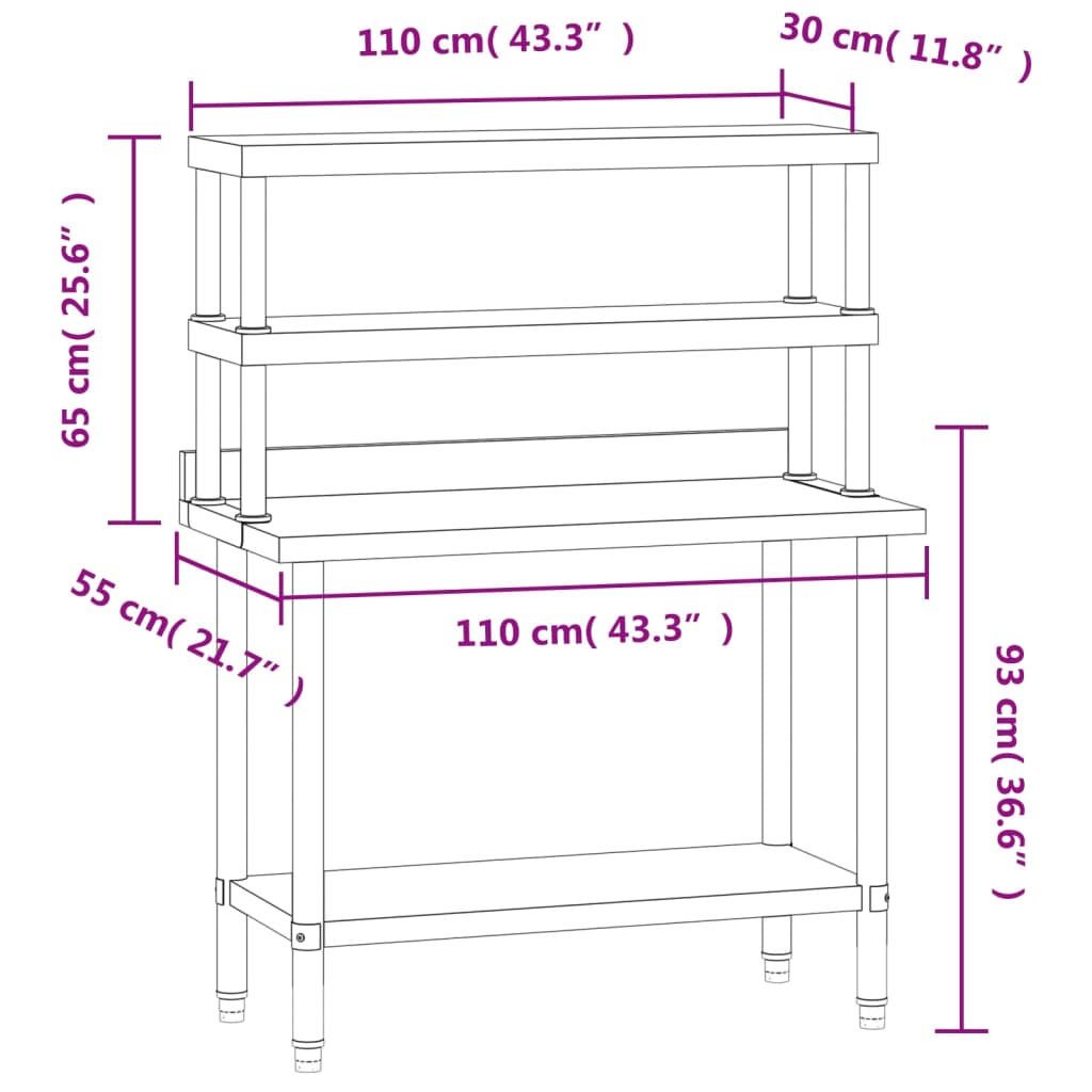 Table De Travail De Cuisine Avec Étagère 110X55X150 Cm Inox