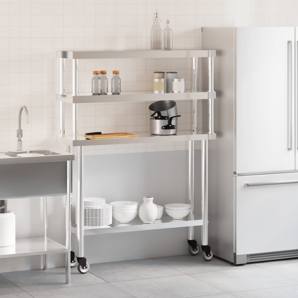 Table De Travail De Cuisine Avec Étagère 110X30X150 Cm Inox