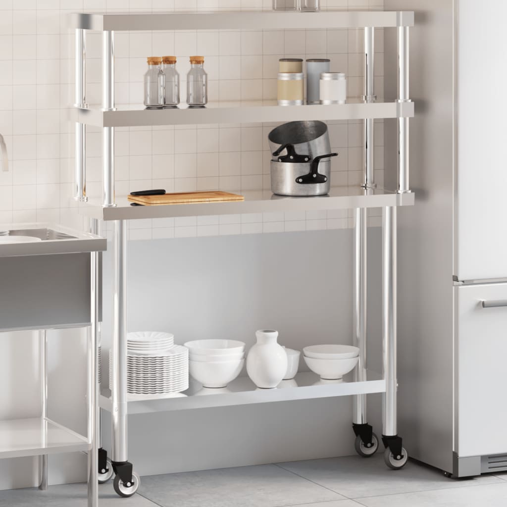 Table De Travail De Cuisine Avec Étagère 110X30X150 Cm Inox