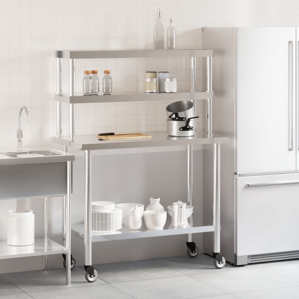 Table De Travail De Cuisine Avec Étagère 110X55X150 Cm Inox