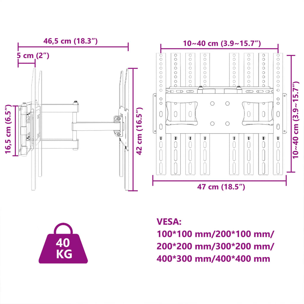 Support Tv Mural Pour Écran 26-70 Pouces Max Vesa 400X400 Mm
