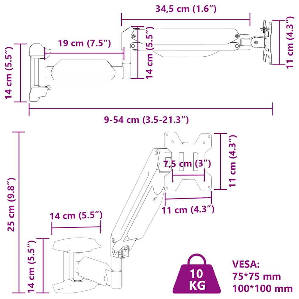 Support Mural Pour Moniteur 27 Pouces Max Ressort À Gaz 10 Kg