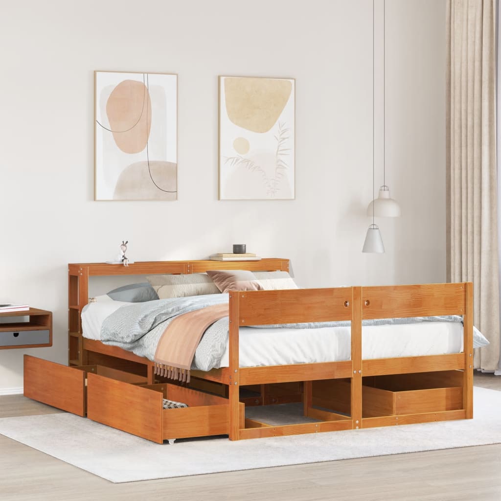 Cadre De Lit Sans Matelas Cire Marron 135X190Cm Bois Pin Massif