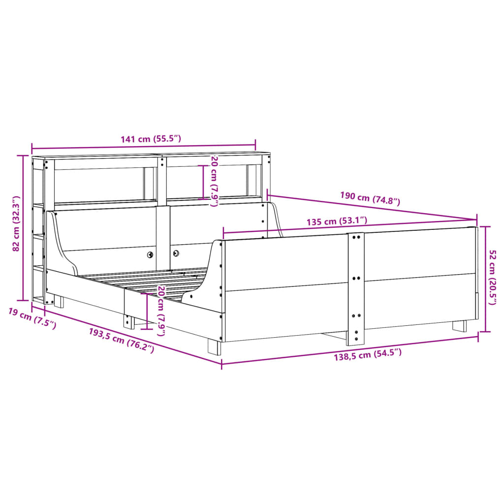 Cadre De Lit Sans Matelas Cire Marron 135X190Cm Bois Pin Massif