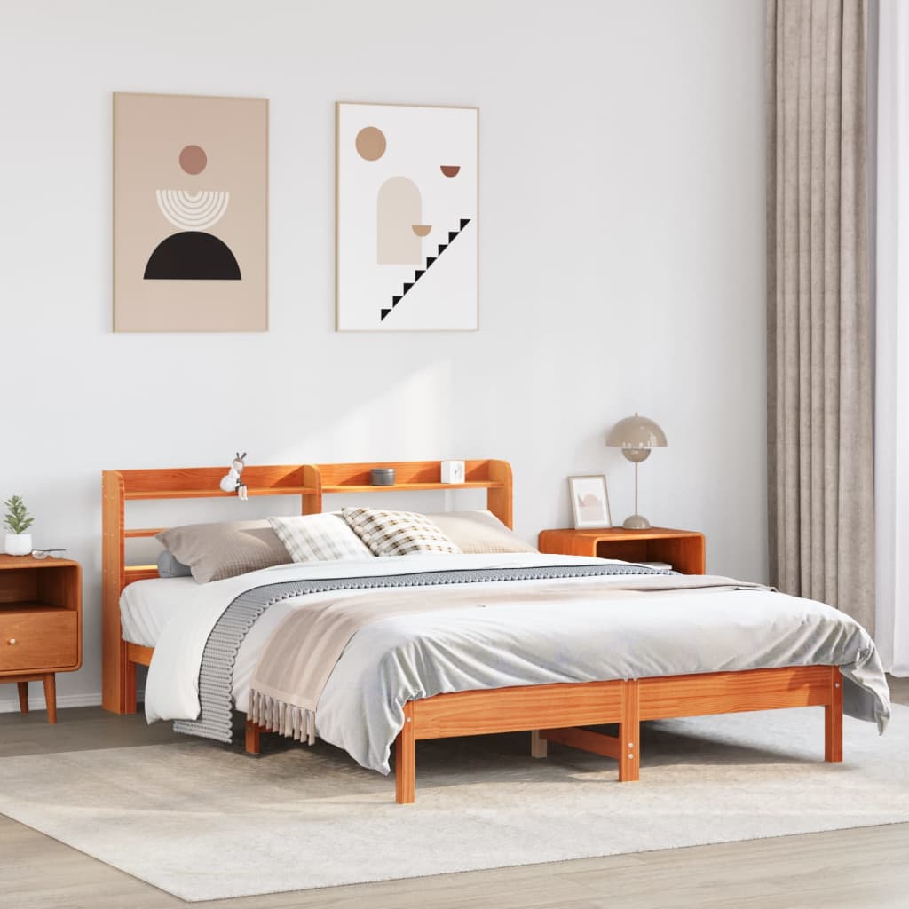 Cadre De Lit Sans Matelas Cire Marron 135X190Cm Bois Pin Massif