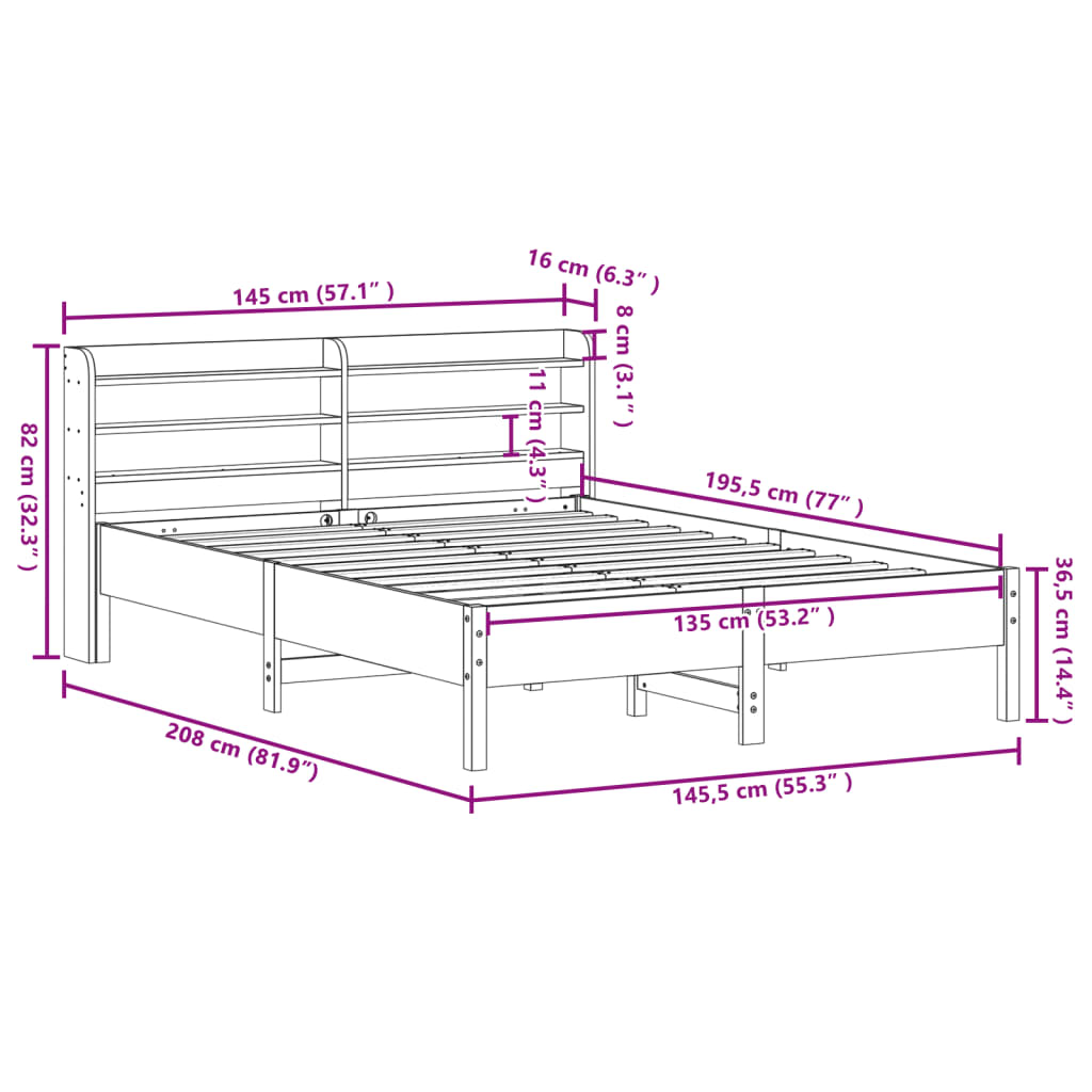 Cadre De Lit Sans Matelas Cire Marron 135X190Cm Bois Pin Massif