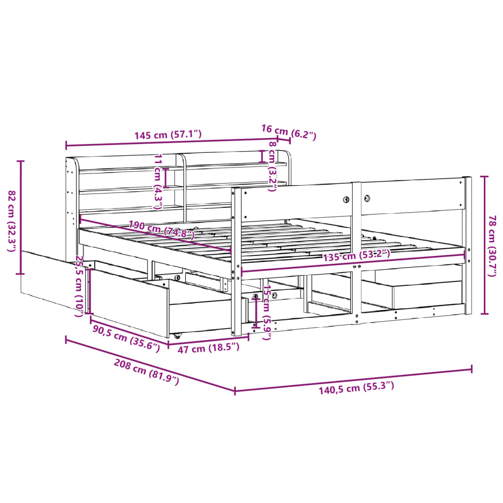 Cadre De Lit Sans Matelas Cire Marron 135X190Cm Bois Pin Massif