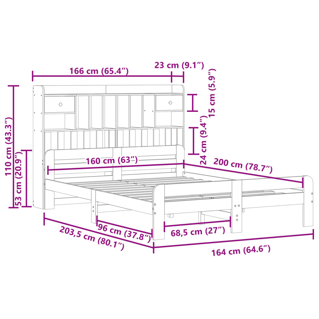 Lit Bibliothèque Sans Matelas Cire Marron 160X200 Cm Pin Massif