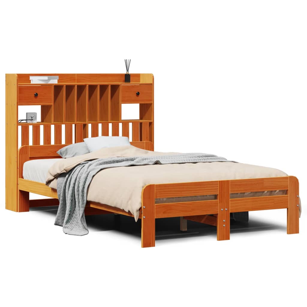 Lit Bibliothèque Sans Matelas Cire Marron 135X190 Cm Pin Massif