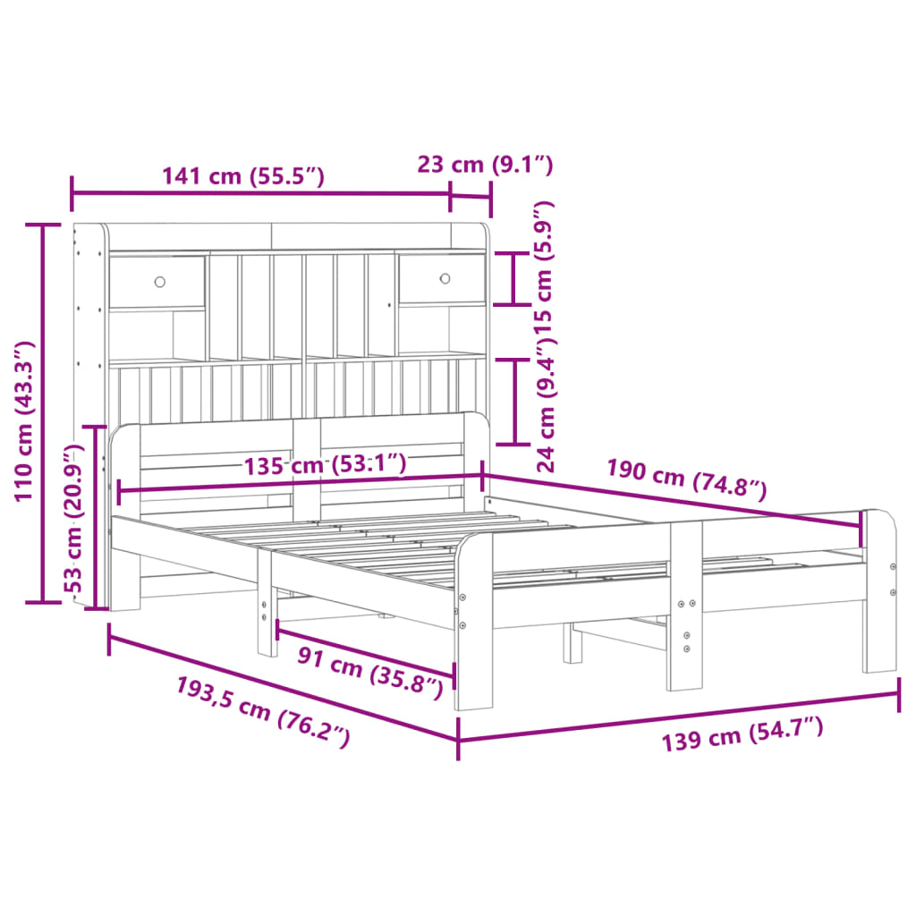 Lit Bibliothèque Sans Matelas Cire Marron 135X190 Cm Pin Massif