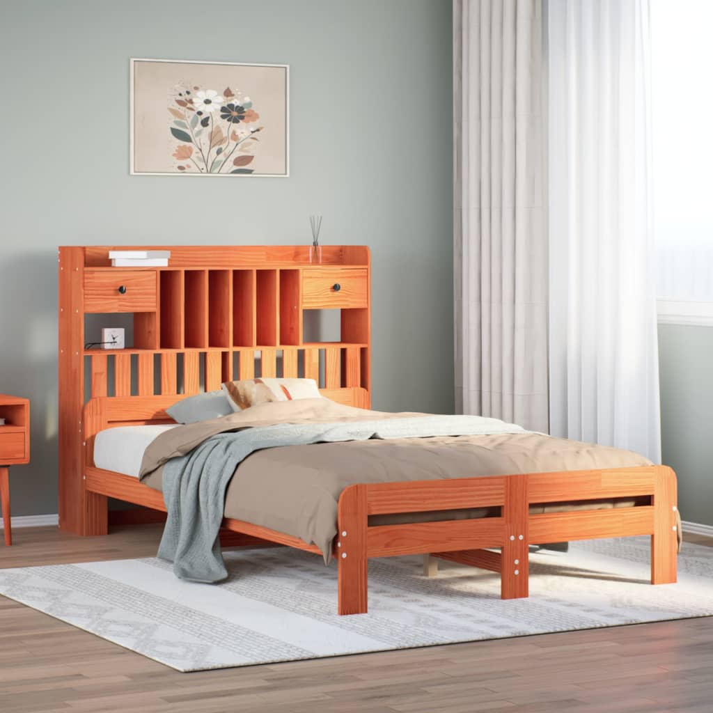 Lit Bibliothèque Sans Matelas Cire Marron 135X190 Cm Pin Massif