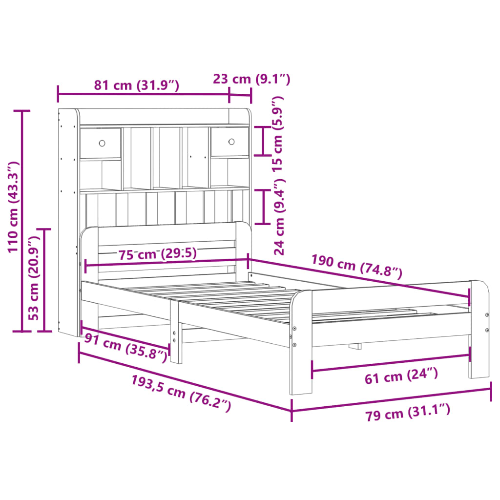 Lit Bibliothèque Sans Matelas Cire Marron 75X190 Cm Pin Massif