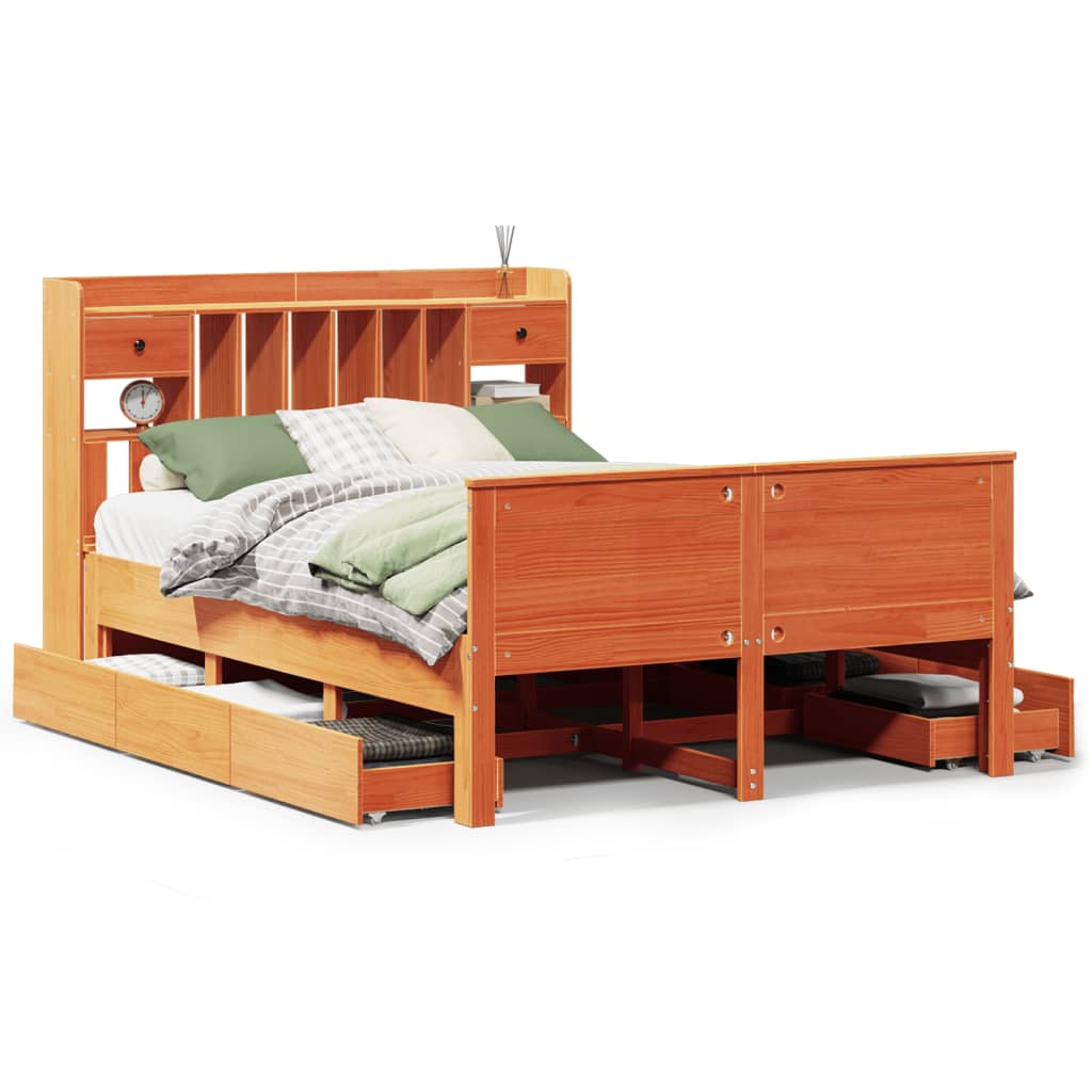 Lit Bibliothèque Sans Matelas Cire Marron 150X200 Cm Pin Massif