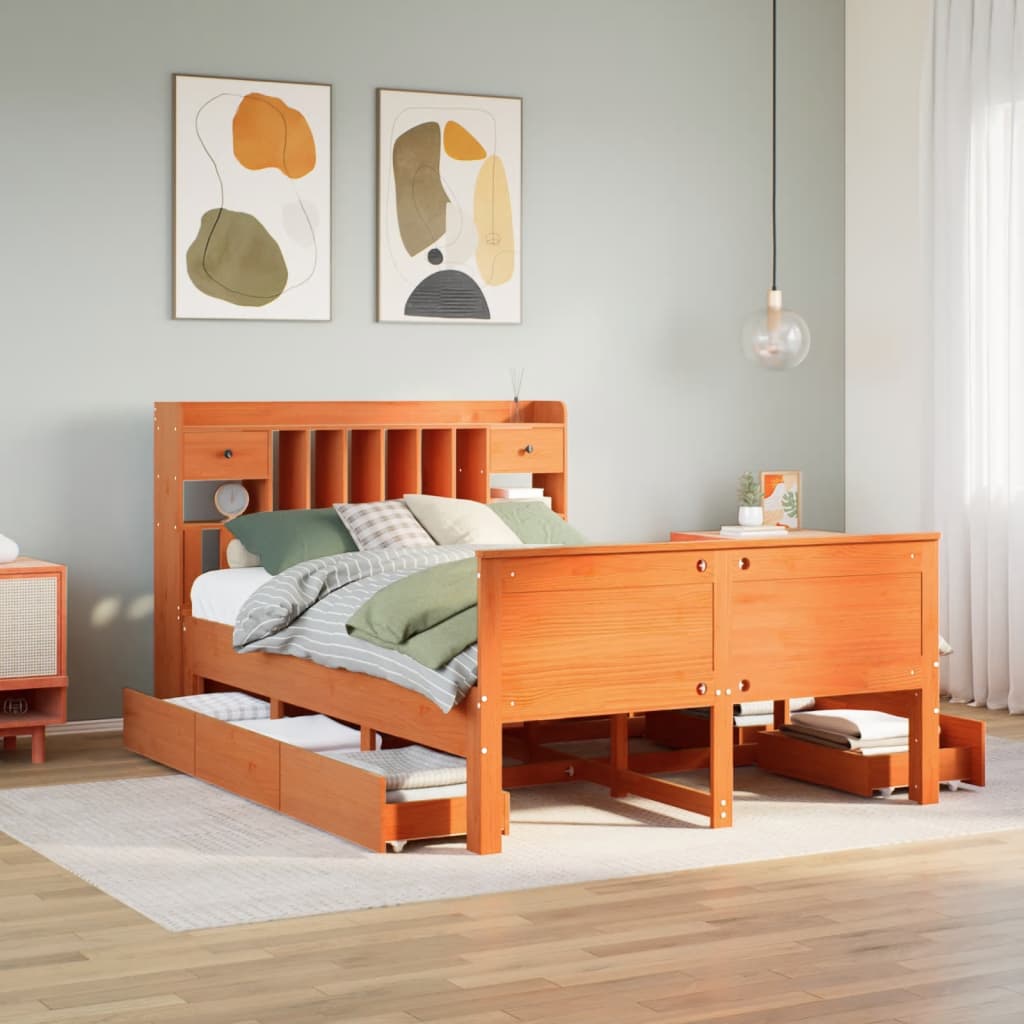 Lit Bibliothèque Sans Matelas Cire Marron 150X200 Cm Pin Massif