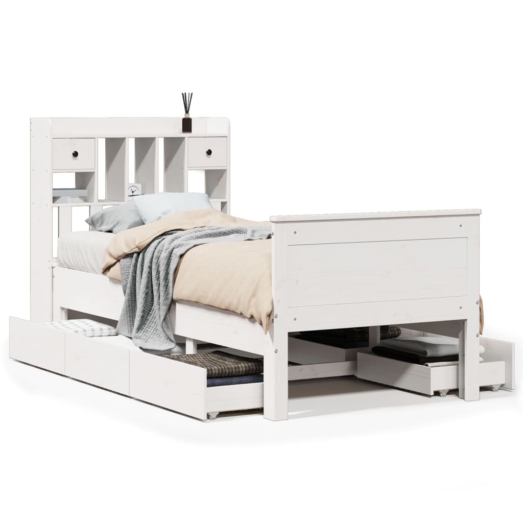 Lit Bibliothèque Sans Matelas Blanc 90X190Cm Bois De Pin Massif