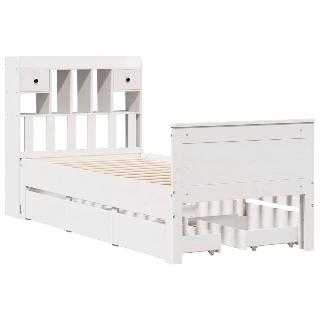 Lit Bibliothèque Sans Matelas Blanc 90X190Cm Bois De Pin Massif