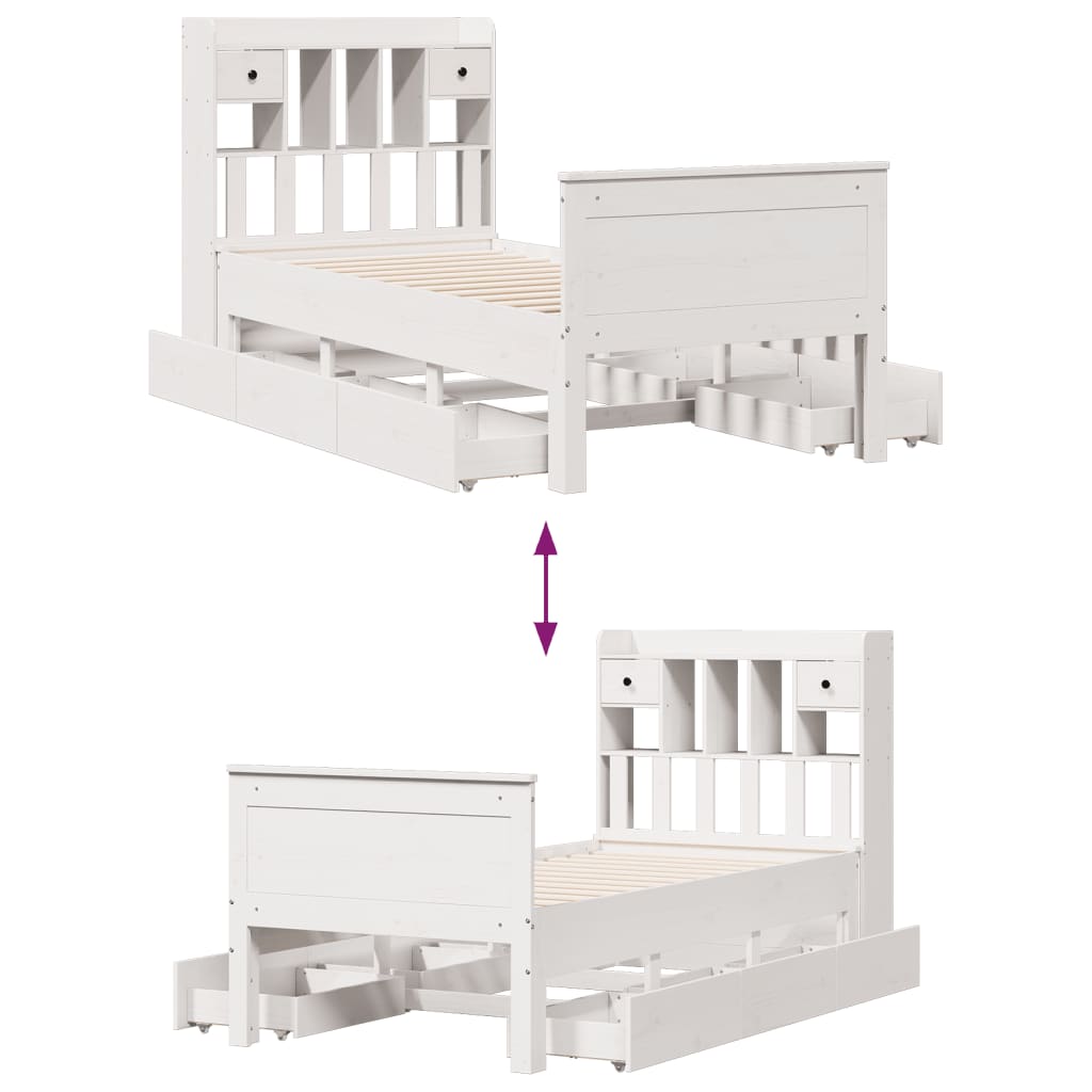 Lit Bibliothèque Sans Matelas Blanc 90X190Cm Bois De Pin Massif