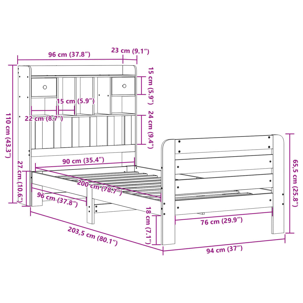 Lit Bibliothèque Sans Matelas 90X200 Cm Bois De Pin Massif