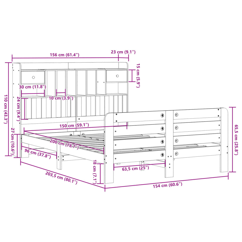 Lit Bibliothèque Sans Matelas Blanc 150X200 Cm Bois Pin Massif