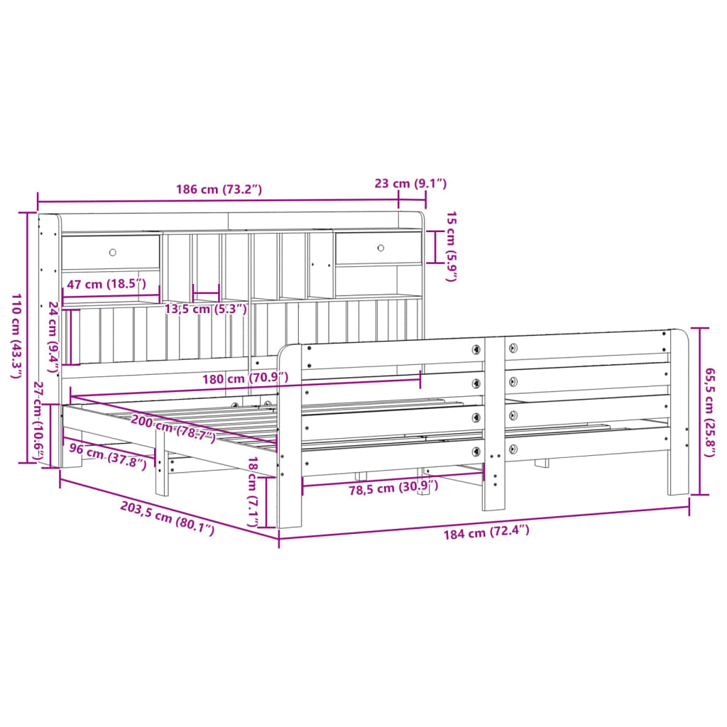 Lit Bibliothèque Sans Matelas Blanc 180X200 Cm Bois Pin Massif