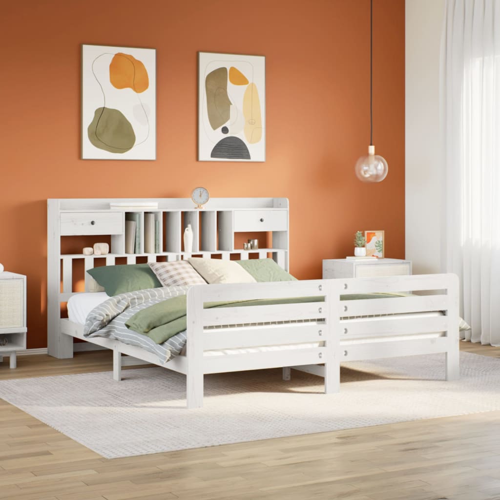 Lit Bibliothèque Sans Matelas Blanc 180X200 Cm Bois Pin Massif