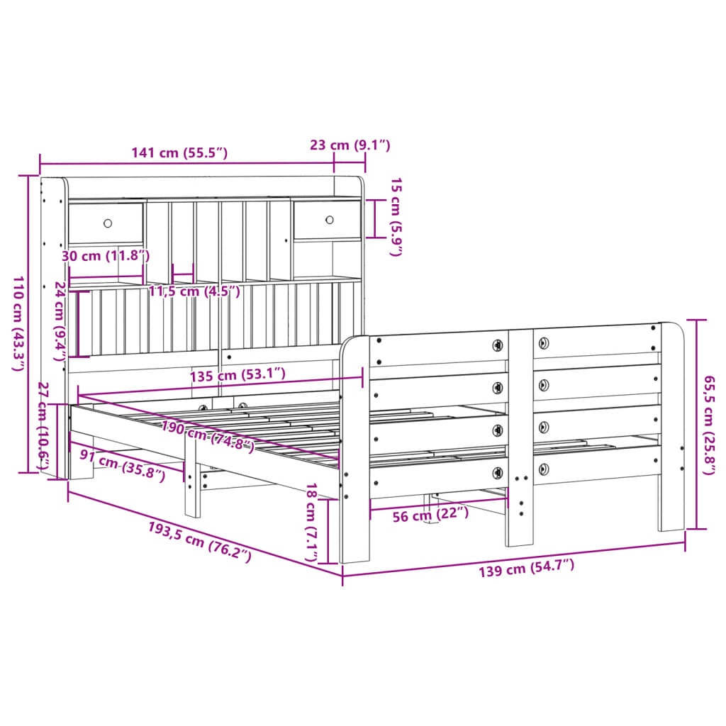 Lit Bibliothèque Sans Matelas Blanc 135X190 Cm Bois Pin Massif