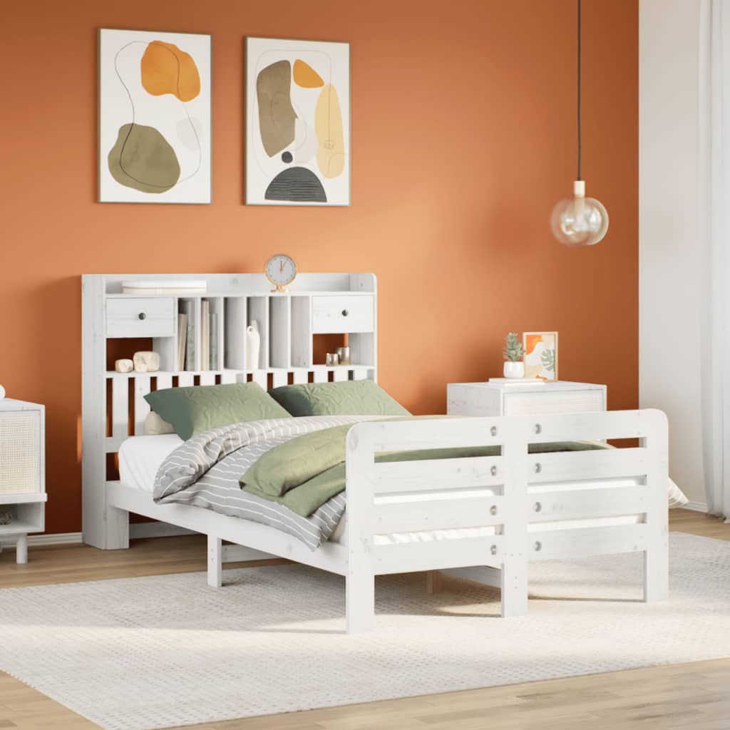 Lit Bibliothèque Sans Matelas Blanc 135X190 Cm Bois Pin Massif
