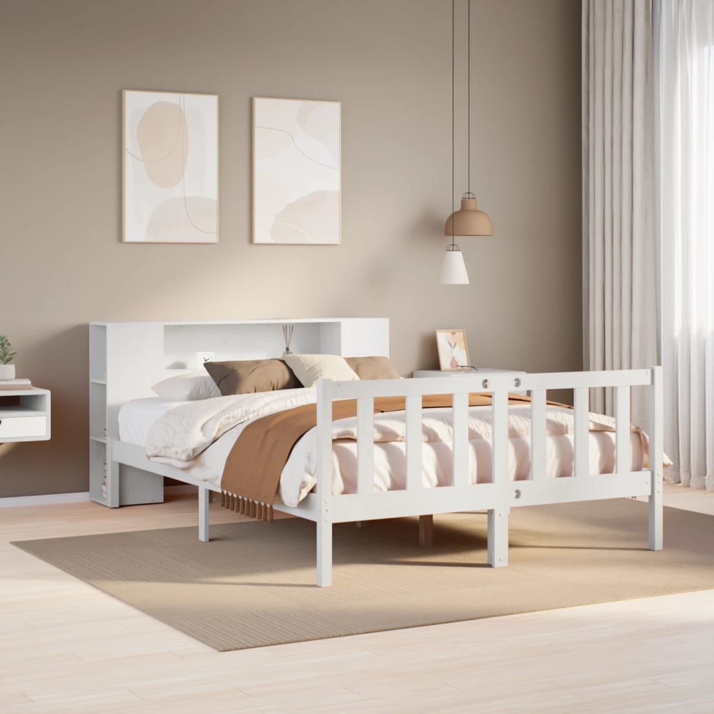 Lit Bibliothèque Sans Matelas Blanc 135X190 Cm Bois Pin Massif