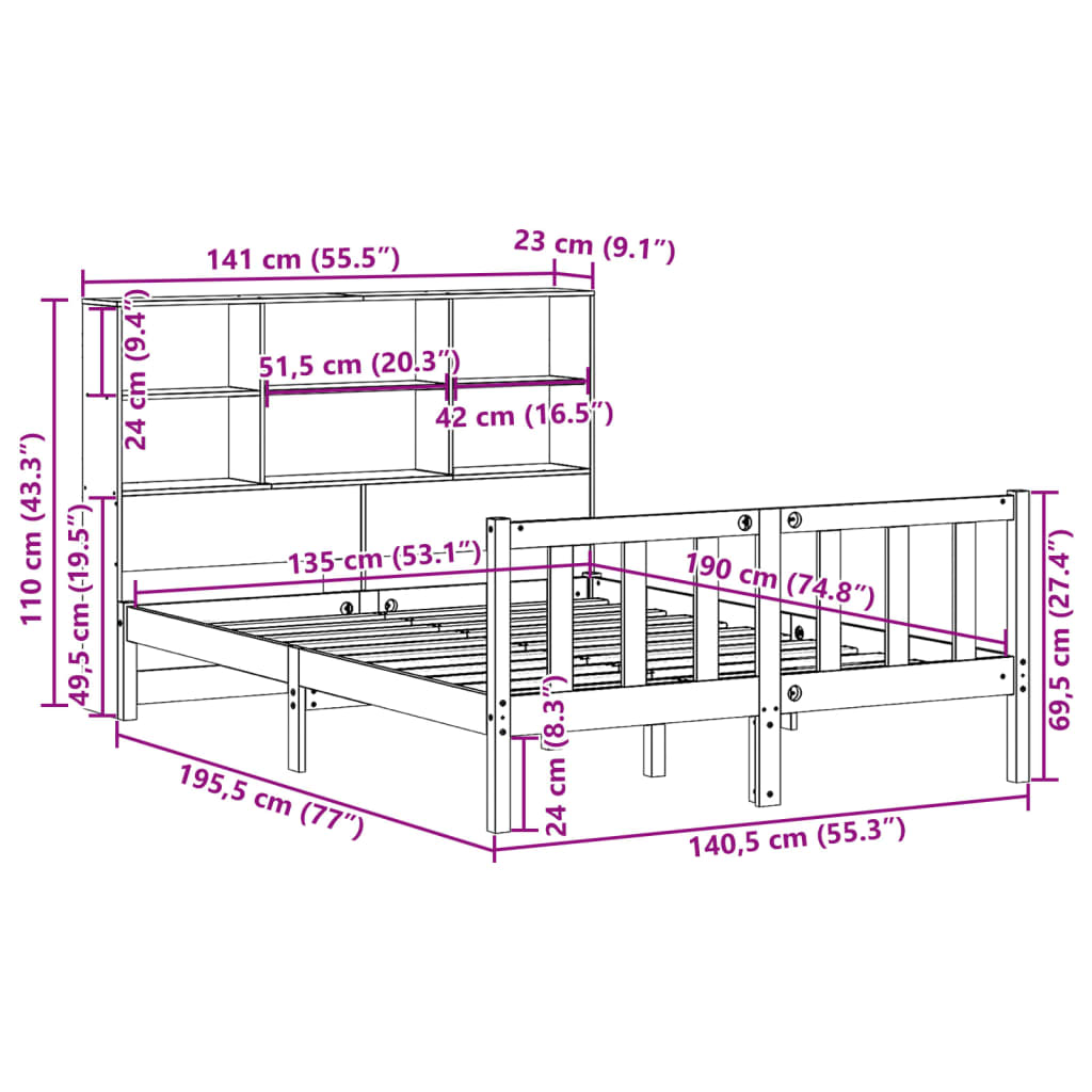 Lit Bibliothèque Sans Matelas Cire Marron 135X190 Cm Pin Massif