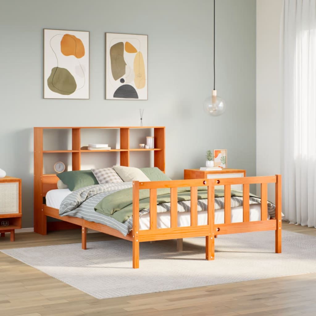 Lit Bibliothèque Sans Matelas Cire Marron 135X190 Cm Pin Massif