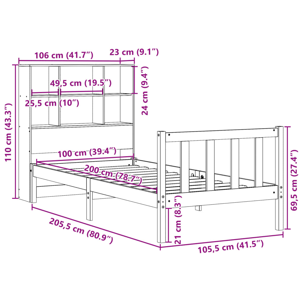 Lit Bibliothèque Sans Matelas Cire Marron 100X200 Cm Pin Massif