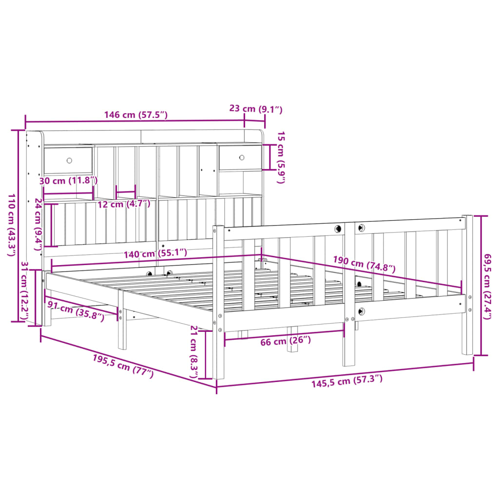 Lit Bibliothèque Sans Matelas Blanc 140X190 Cm Bois Pin Massif