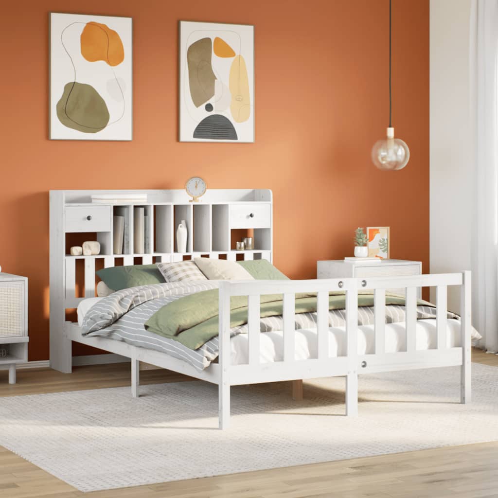 Lit Bibliothèque Sans Matelas Blanc 140X190 Cm Bois Pin Massif