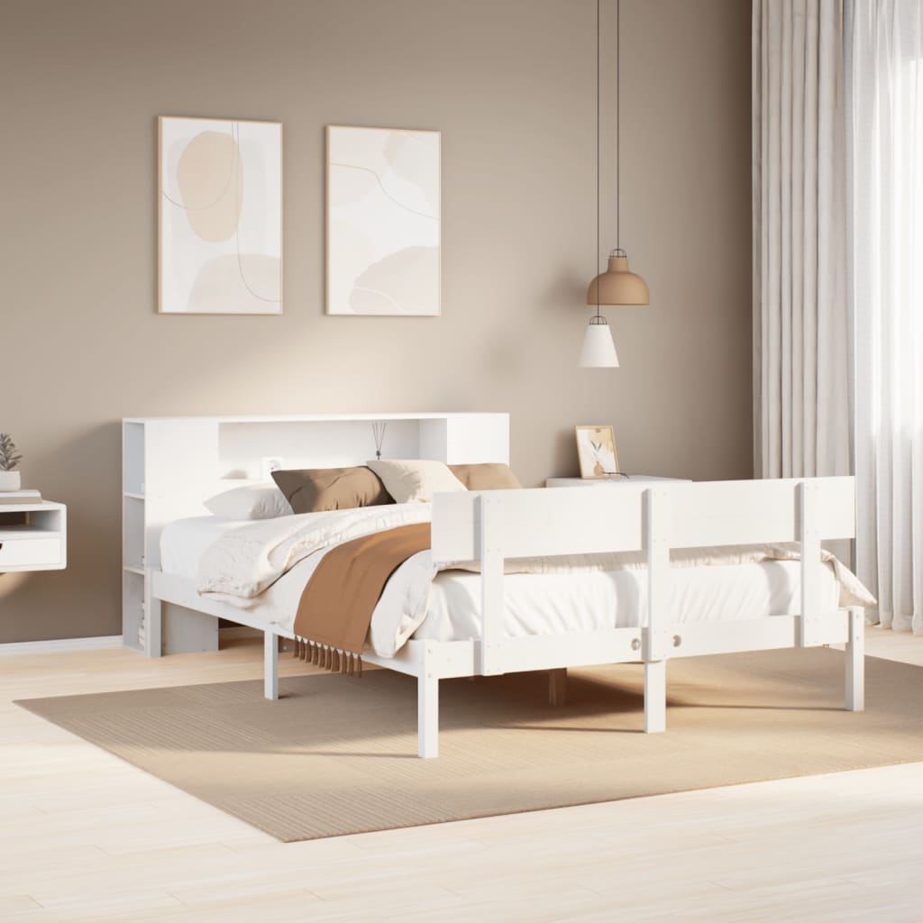 Lit Bibliothèque Sans Matelas Blanc 135X190 Cm Bois Pin Massif