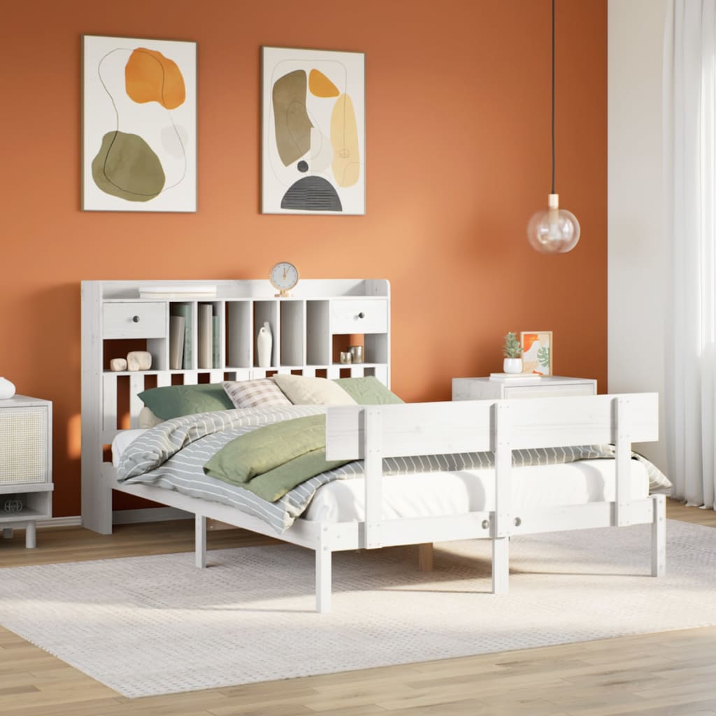 Lit Bibliothèque Sans Matelas Blanc 160X200 Cm Bois Pin Massif