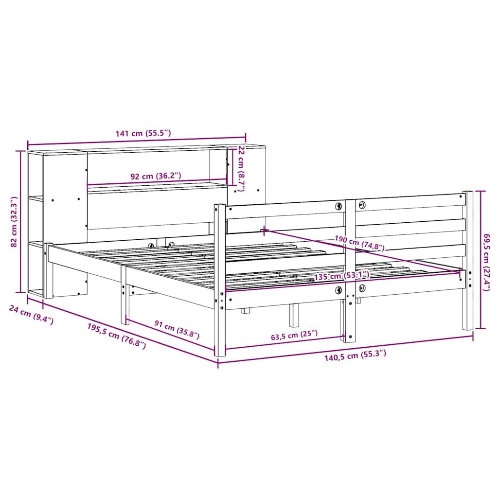 Lit Bibliothèque Sans Matelas Blanc 135X190 Cm Bois Pin Massif