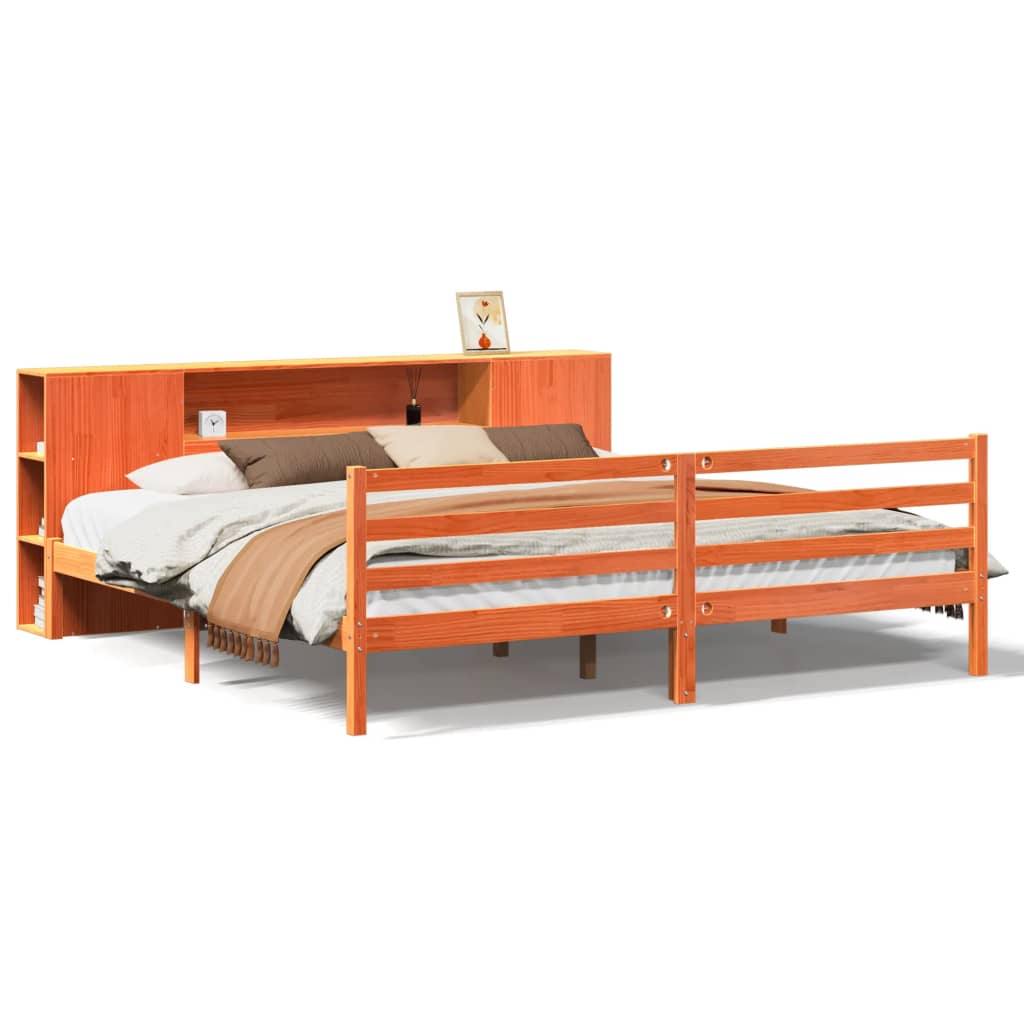 Lit Bibliothèque Sans Matelas Cire Marron 200X200 Cm Pin Massif