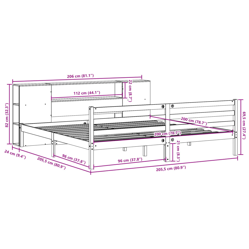 Lit Bibliothèque Sans Matelas Cire Marron 200X200 Cm Pin Massif