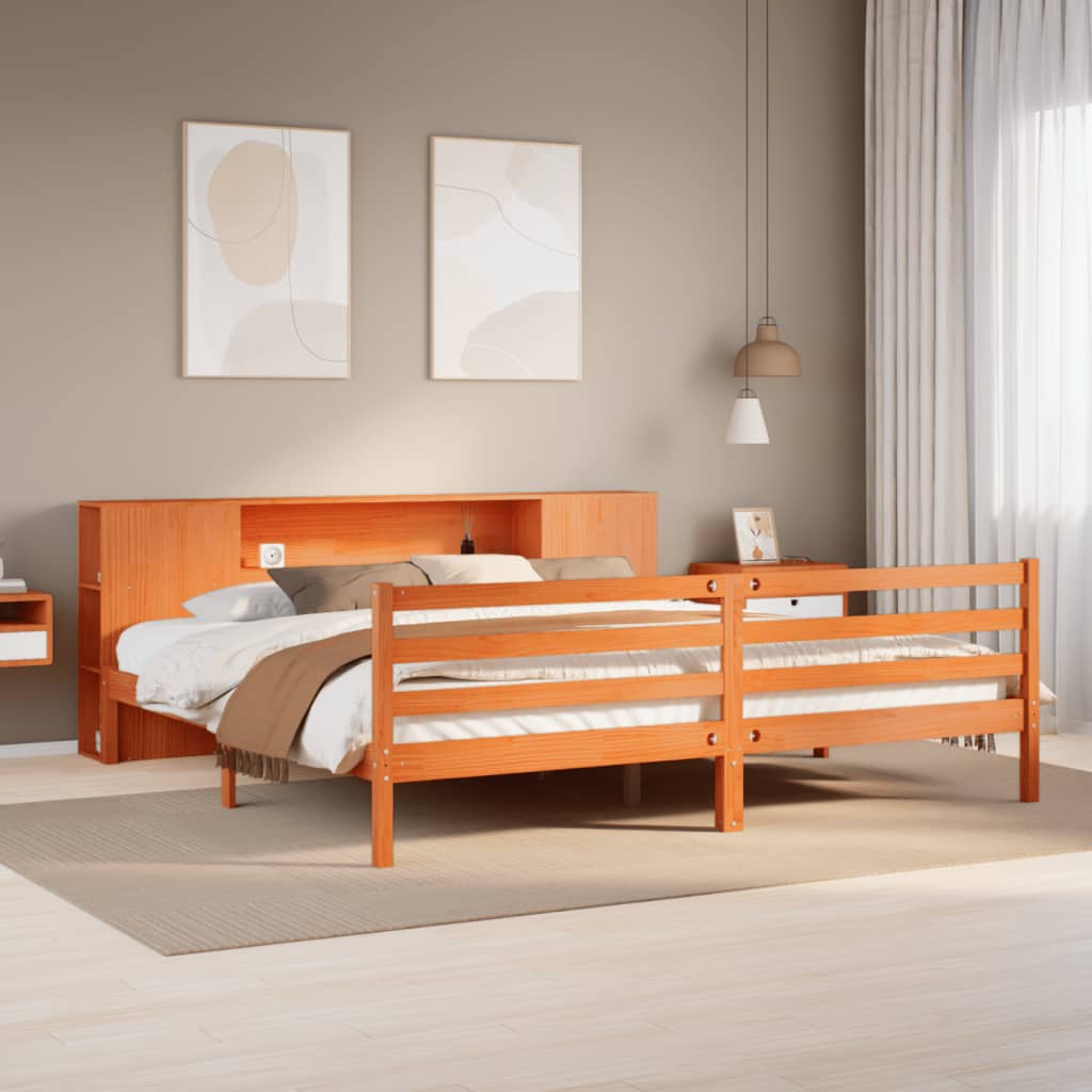 Lit Bibliothèque Sans Matelas Cire Marron 200X200 Cm Pin Massif