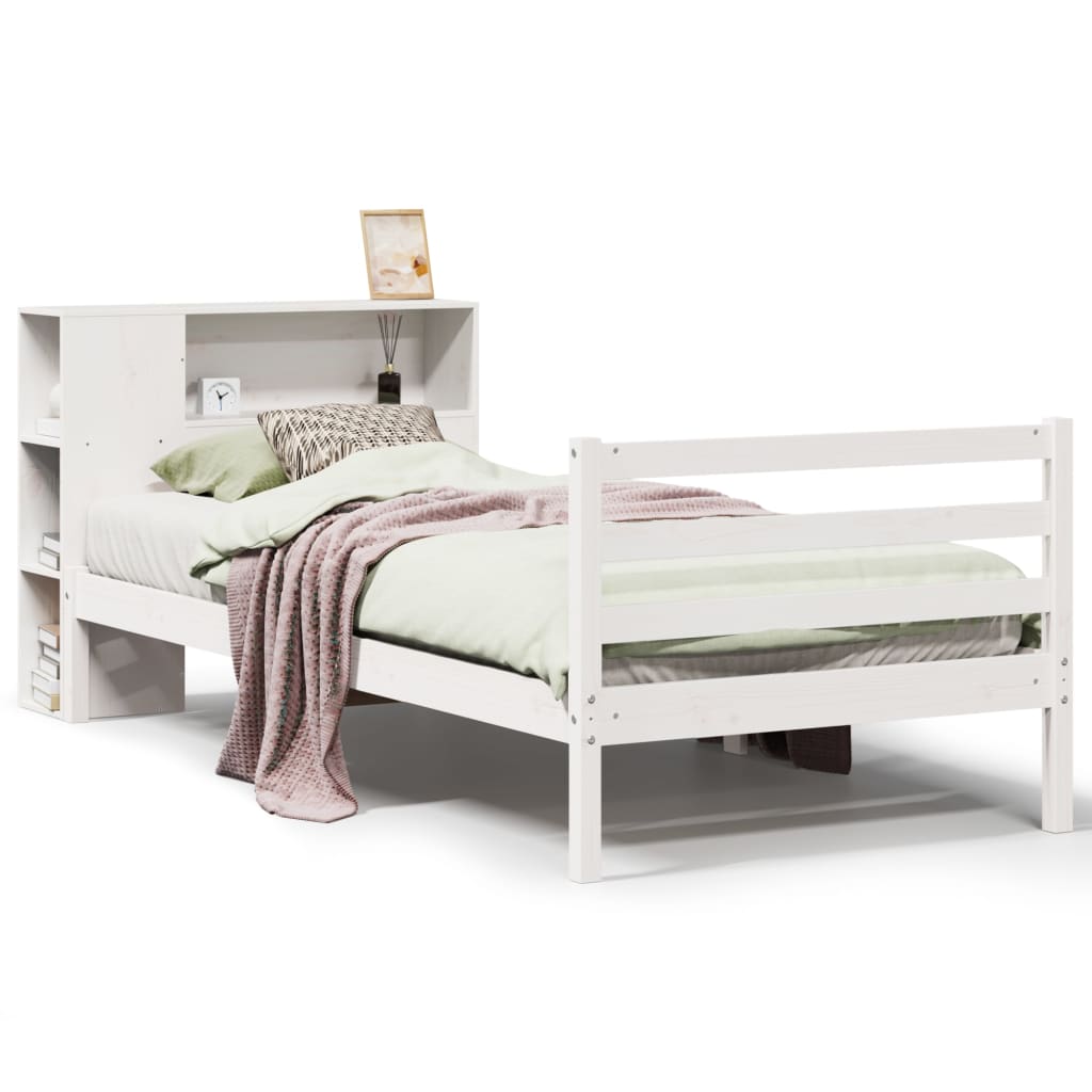 Lit Bibliothèque Sans Matelas Blanc 75X190Cm Bois De Pin Massif
