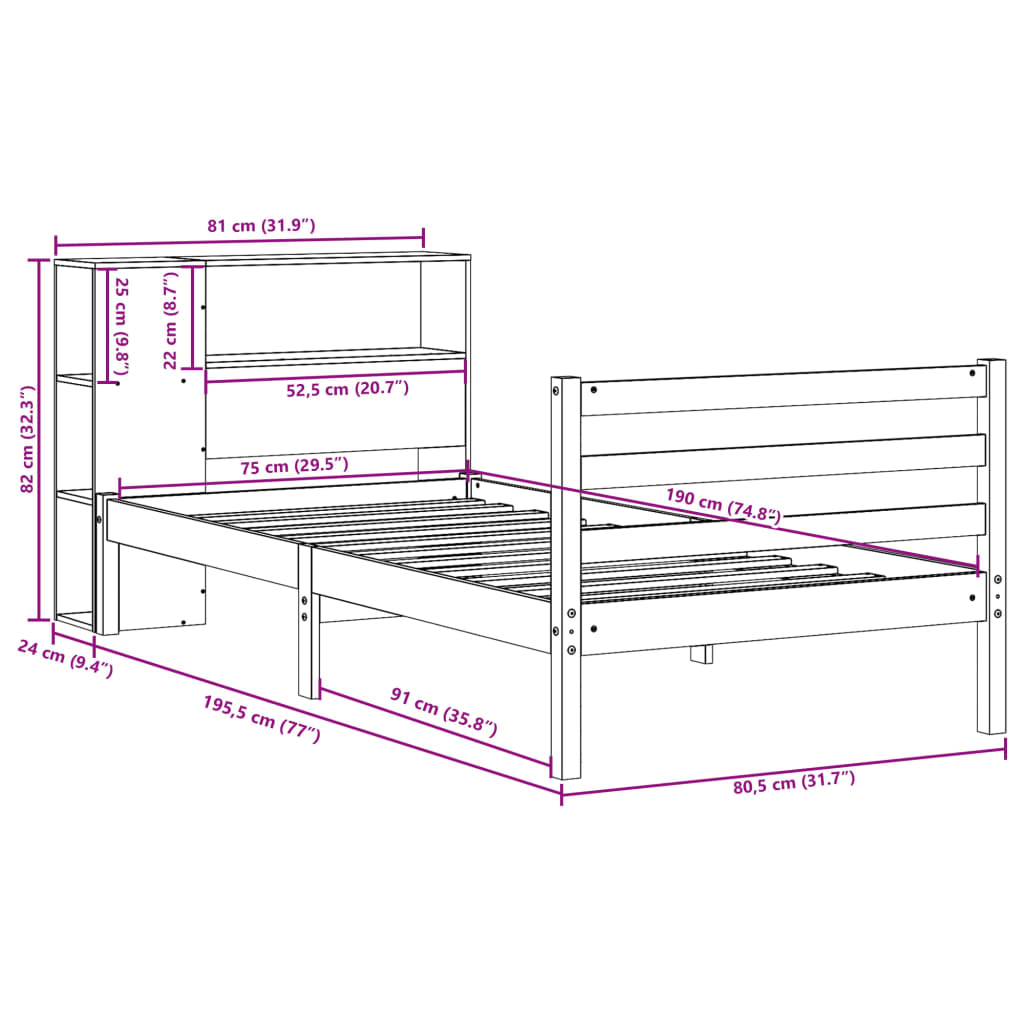 Lit Bibliothèque Sans Matelas Blanc 75X190Cm Bois De Pin Massif