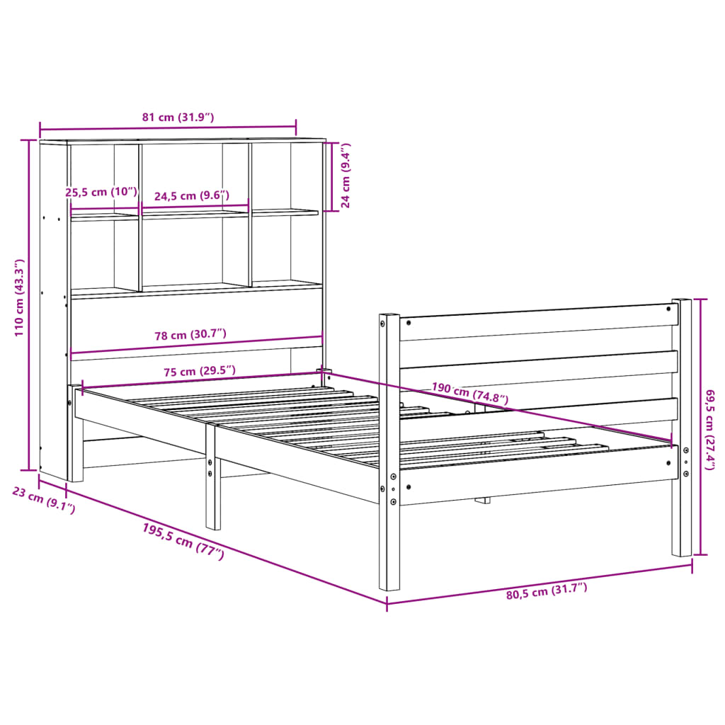 Lit Bibliothèque Sans Matelas Cire Marron 75X190 Cm Bois Massif