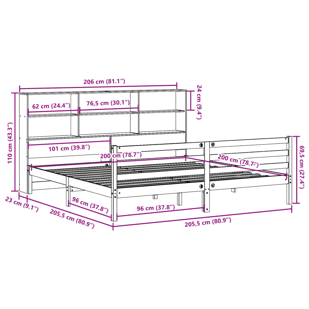 Lit Bibliothèque Sans Matelas Cire Marron 200X200Cm Bois Massif