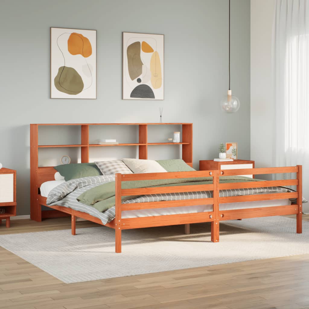 Lit Bibliothèque Sans Matelas Cire Marron 200X200Cm Bois Massif