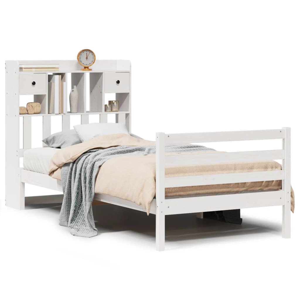 Lit Bibliothèque Sans Matelas Blanc 75X190Cm Bois De Pin Massif