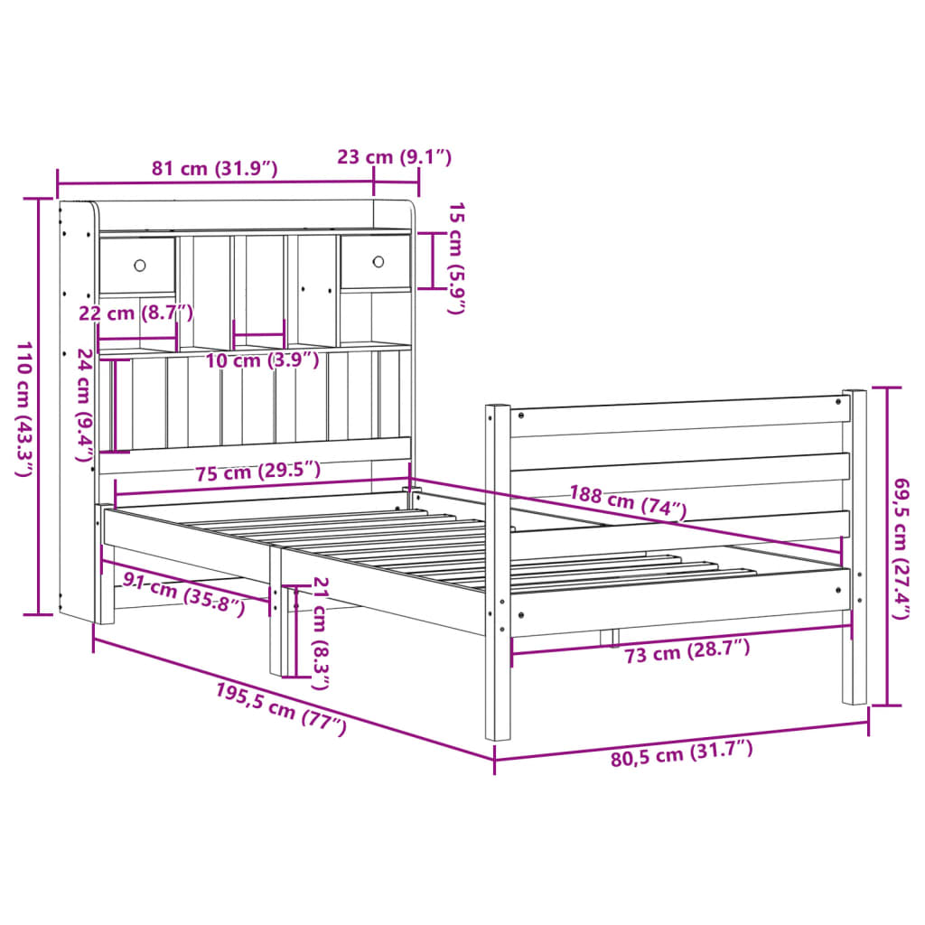 Lit Bibliothèque Sans Matelas Blanc 75X190Cm Bois De Pin Massif