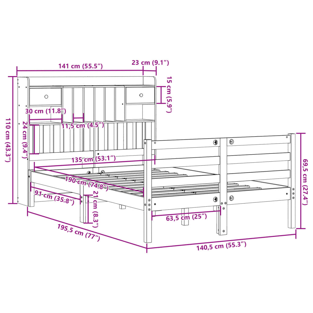 Lit Bibliothèque Sans Matelas 135X190 Cm Bois De Pin Massif
