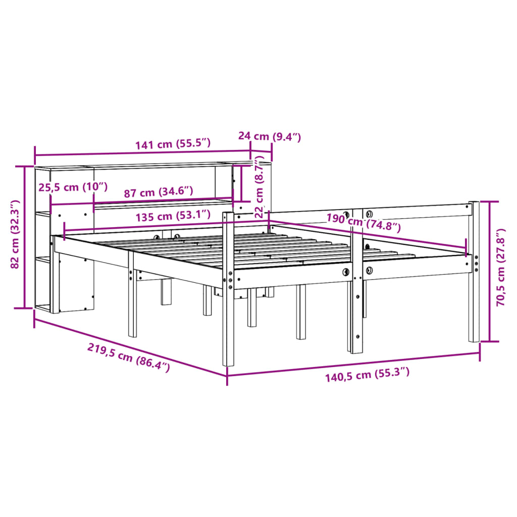 Lit Bibliothèque Sans Matelas Cire Marron 135X190Cm Bois Massif