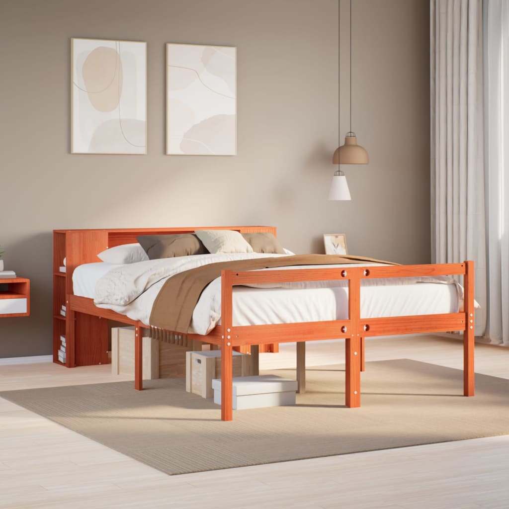 Lit Bibliothèque Sans Matelas Cire Marron 135X190Cm Bois Massif