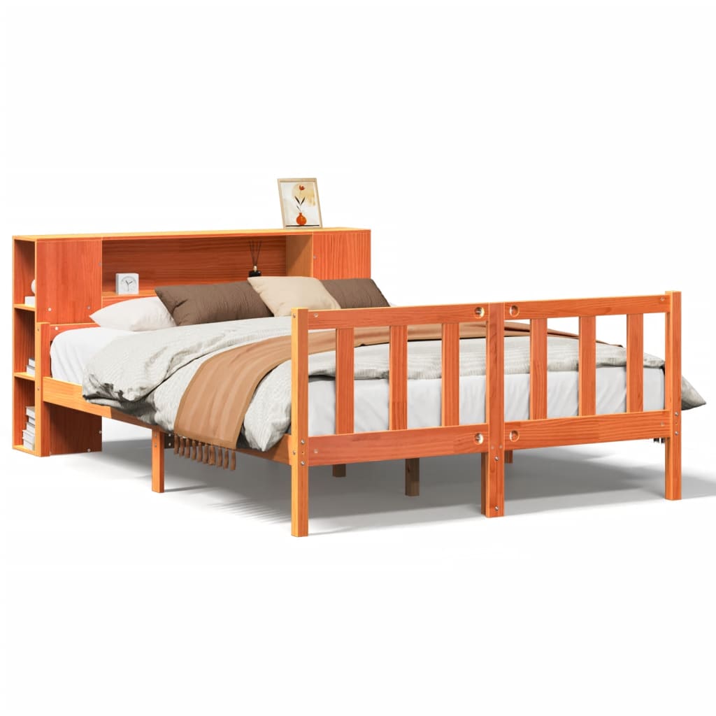 Lit Bibliothèque Sans Matelas Cire Marron 150X200Cm Bois Massif